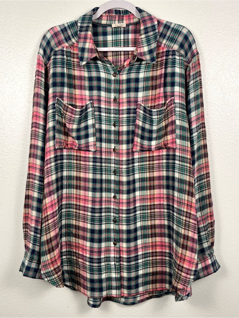 Anthropologie XL Pilcro Hadley Relaxed Pink & Green Plaid Button-Down Shirt Top - Picture 2 of 6